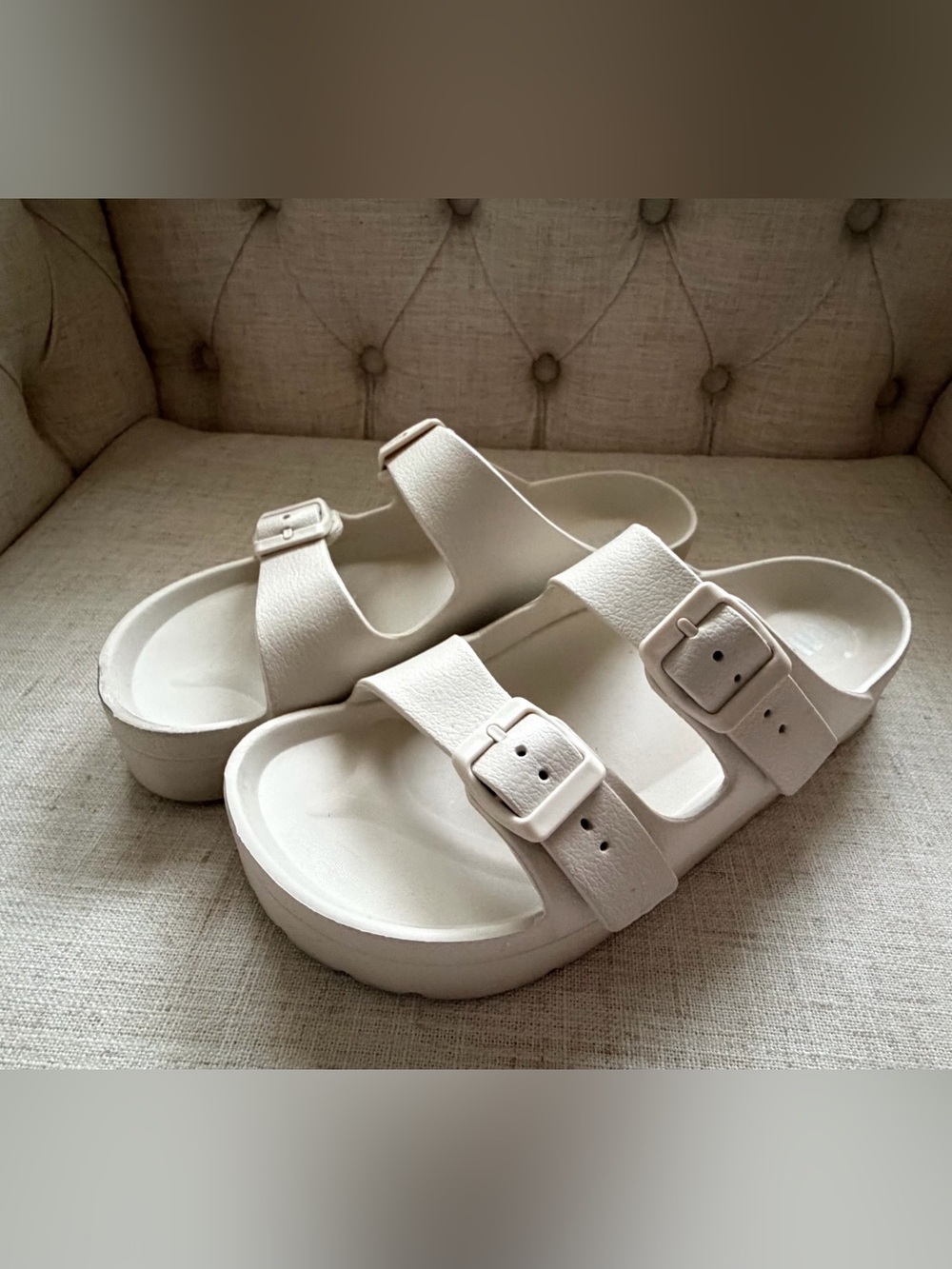 Cream Double Buckle Platform Slide Sandals